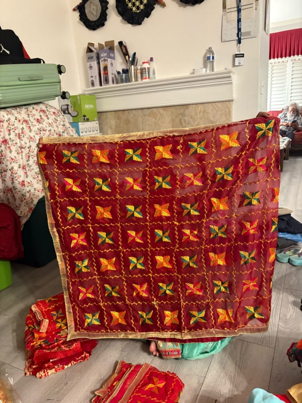 Hand-Embroidered Red Patchwork dupatta/ Phulkari suit